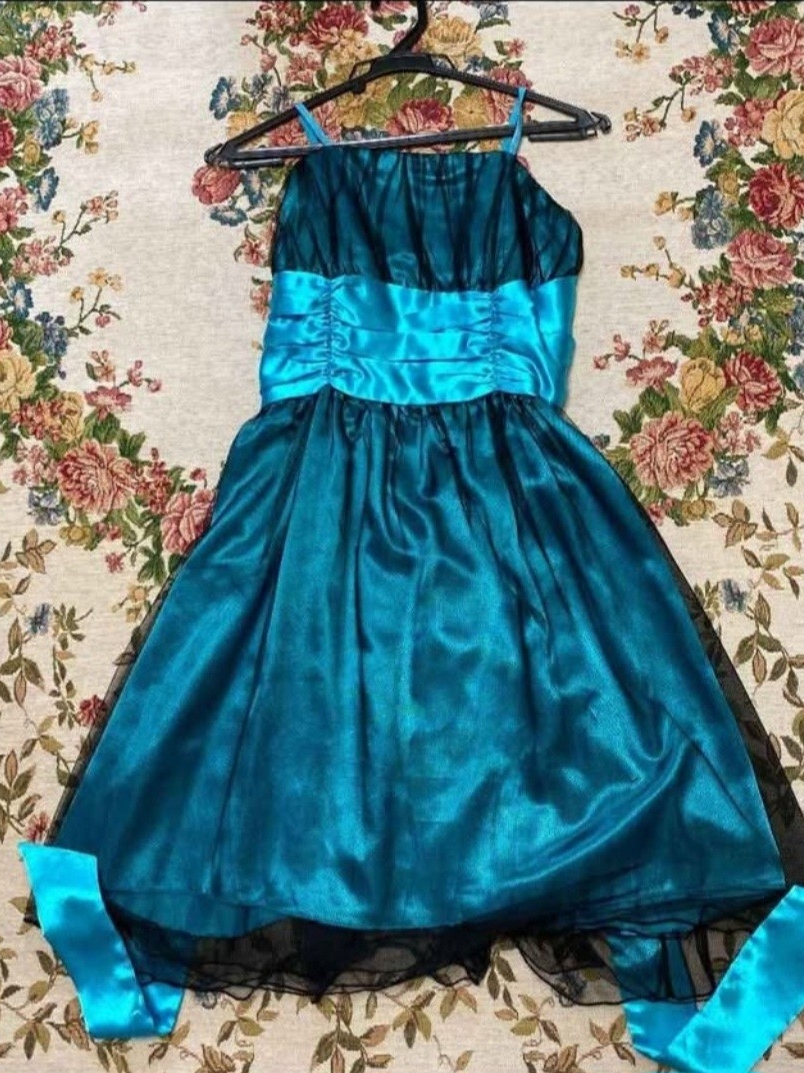 Teal Satin Party Dress With Bright Teal Sash